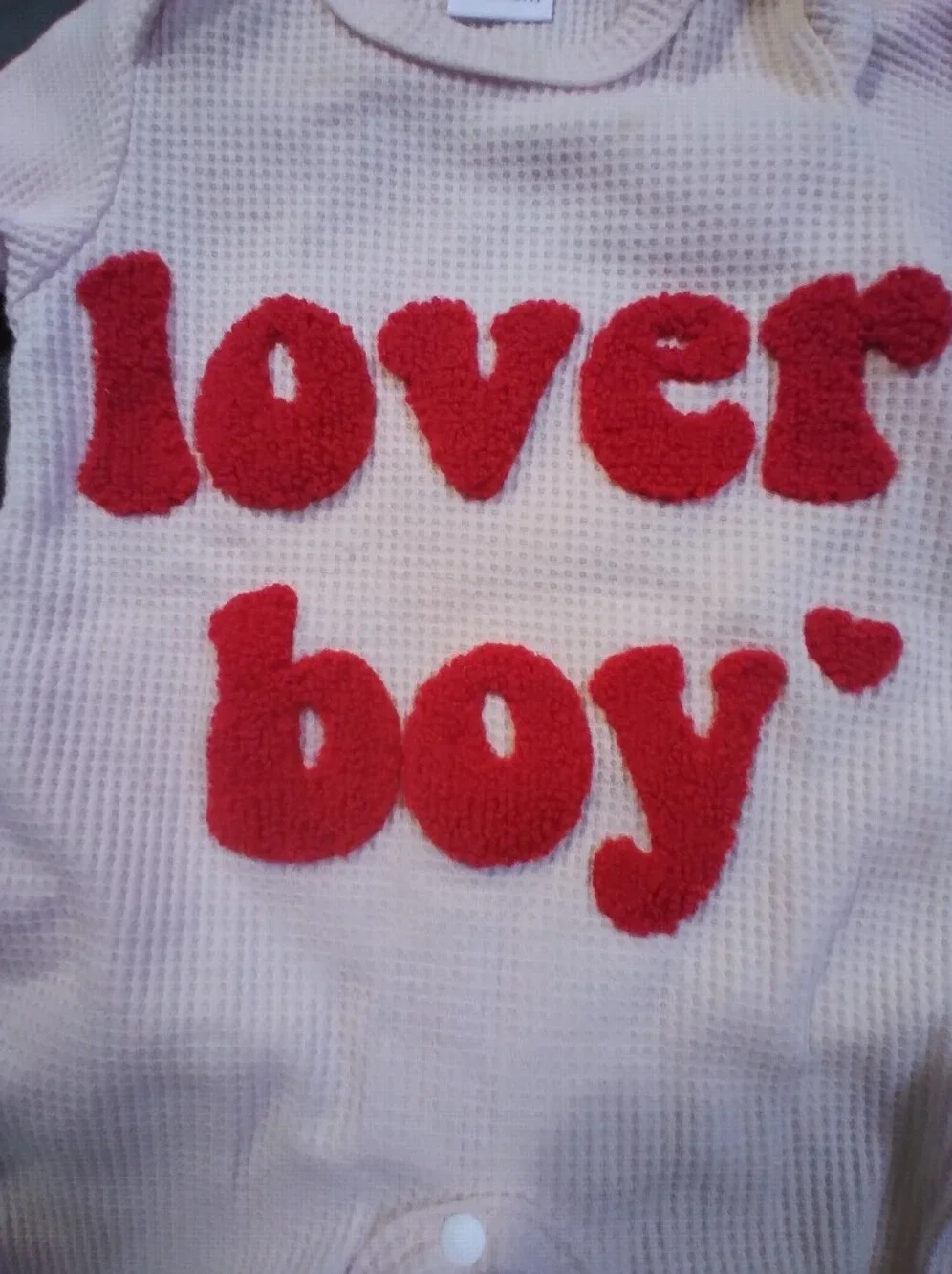 New Newborn Baby Boy Onesie With Hat. Cream Waffle Knit With Embossed Lover Boy